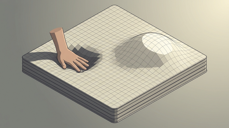 A waterbed under pressure, pushed down in one place and rising in another.