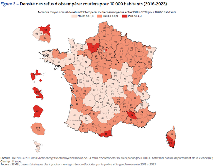 La carte de France des refus d'obtempérer en 2023 