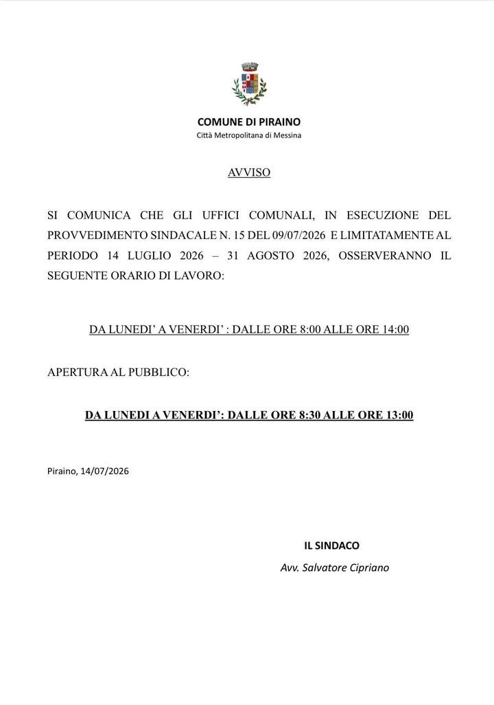 🕒 Orari degli uffici comunali dal 14 luglio 2026 al 31 agosto 2026❗️