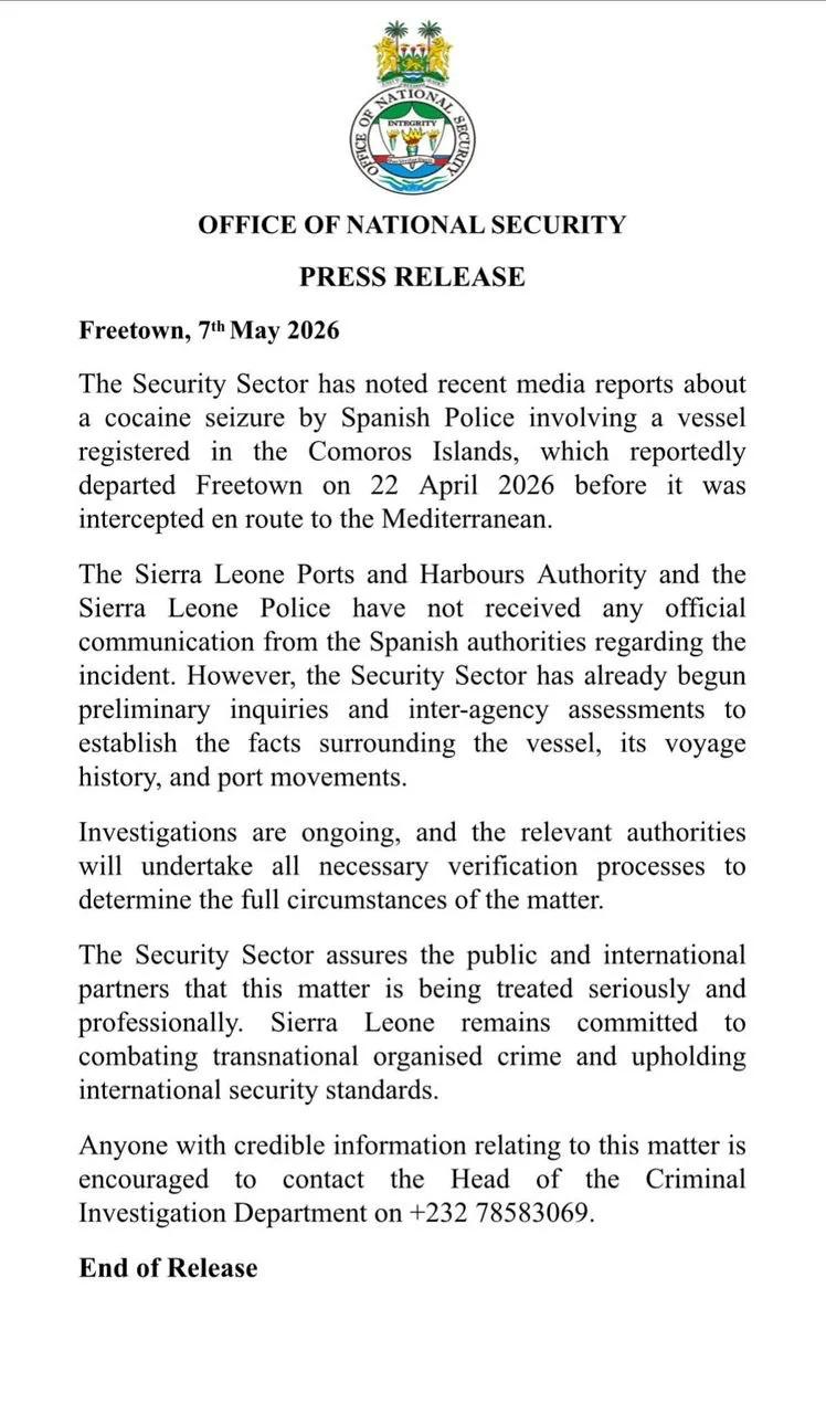 ONS Investigating Media Reports That Vessel Linked to Record Cocaine Haul Departed Freetown