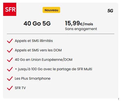 🔖 (clients) SFR, forfait 5G illimité/40Go à 9€/mois