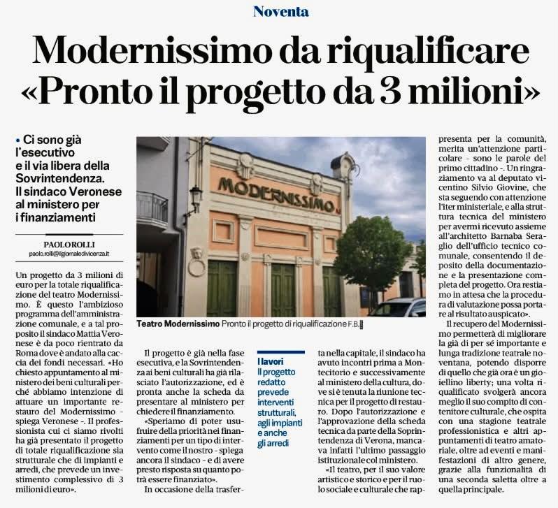 TEATRO MODERNISSIMO – PRESENTATO AL MINISTERO IL PROGETTO DI RESTAURO Si trasmette, in allegato, l’articolo pubblicato s...