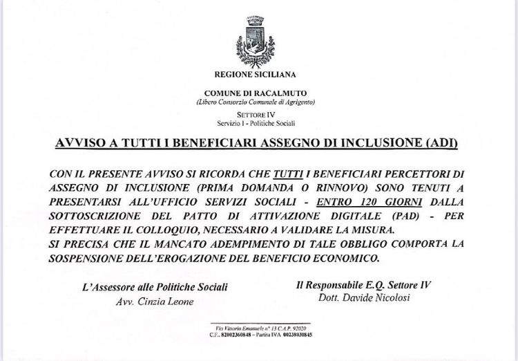 Avviso ai beneficiari dell'Assegno di Inclusione
