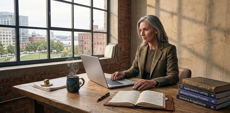 An experienced professional working at a laptop at a wooden desk by a large window in daylight, with an open notebook, coffee, and a stack of books beside her.
