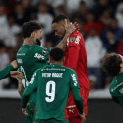 O goleiro Carlos Miguel, da SE Palmeiras, comemora defesa de pênalti em jogo contra a equipe da Liga Desportiva Universitaria, durante partida válida pelas quartas de final, volta, da Conmebol Libertadores, no Estádio Rodrigo Paz Delgado. (Foto: Cesar Greco/Palmeiras/by Canon)
