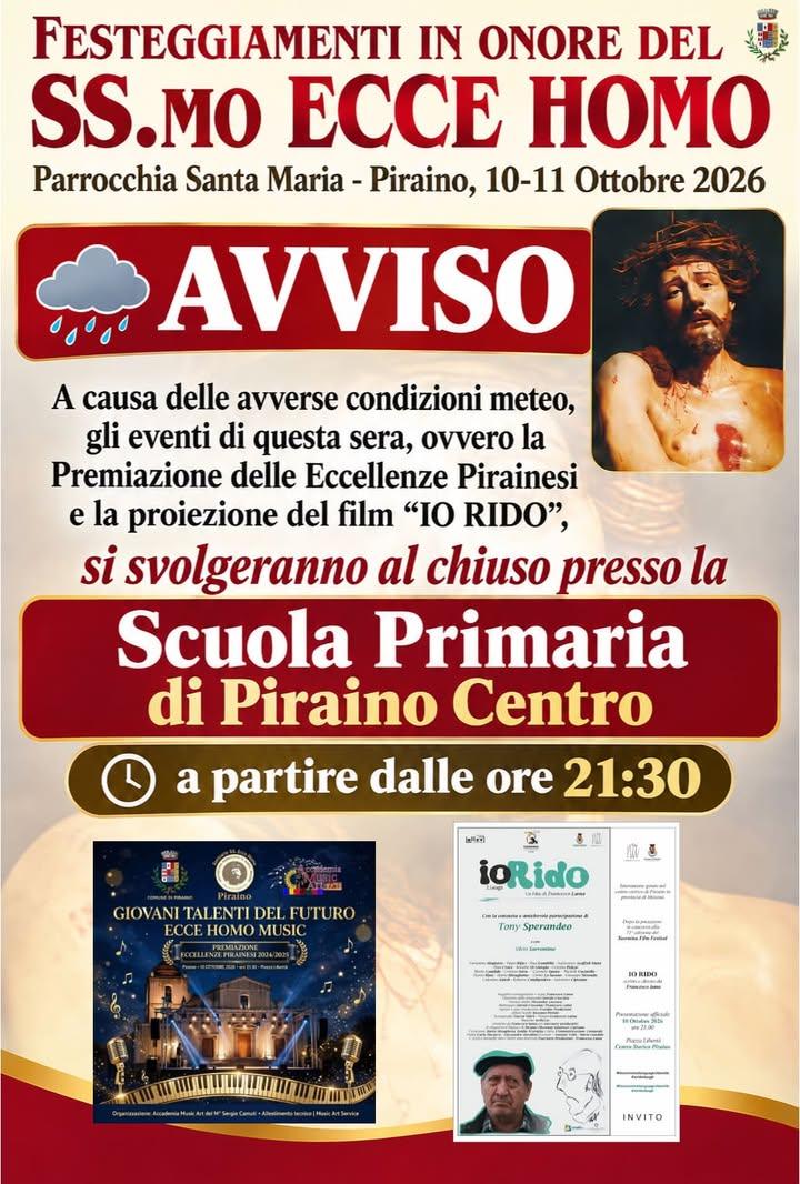 ⚠️ A causa delle avverse condizioni meteo, gli eventi di questa sera, ovvero la Premiazione delle Eccellenze Pirainesi e...