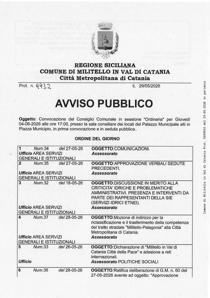Convocazione del Consiglio Comunale in sessione Ordinaria per Giovedì 04-06-2026 alle ore 17:00, presso la sala consilia...