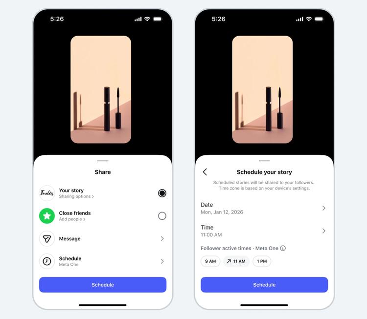 Two Instagram screens show Meta One’s Story scheduling feature, with date and time settings and suggested publishing times based on follower activity.