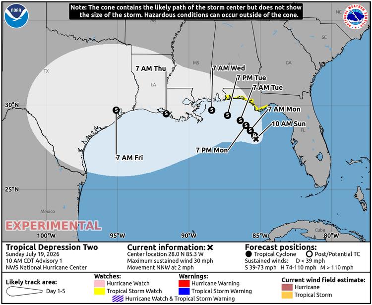 National Hurricane Center experimental forecast cone for Tropical Depression Two showing a possible track from the eastern Gulf toward the northwestern Gulf later this week.