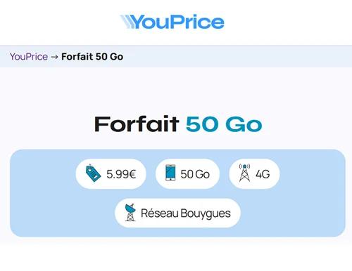 🔥 Youprice (Bouygues), forfait illimité/50Go à 6€/mois