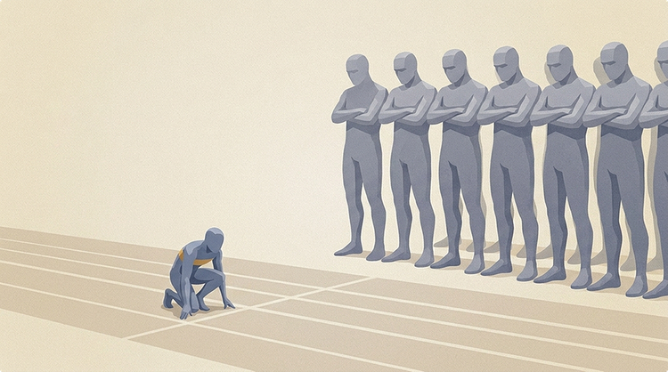 A small runner crouches alone at a starting line, focused on the track, while a row of taller figures stands to the side with arms folded, unconvinced.
