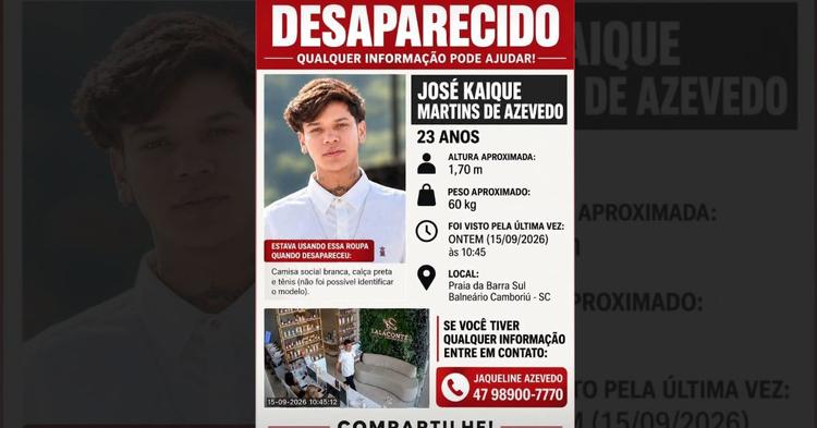 Jovem de 23 anos está desaparecido em Balneário Camboriú; família busca informações