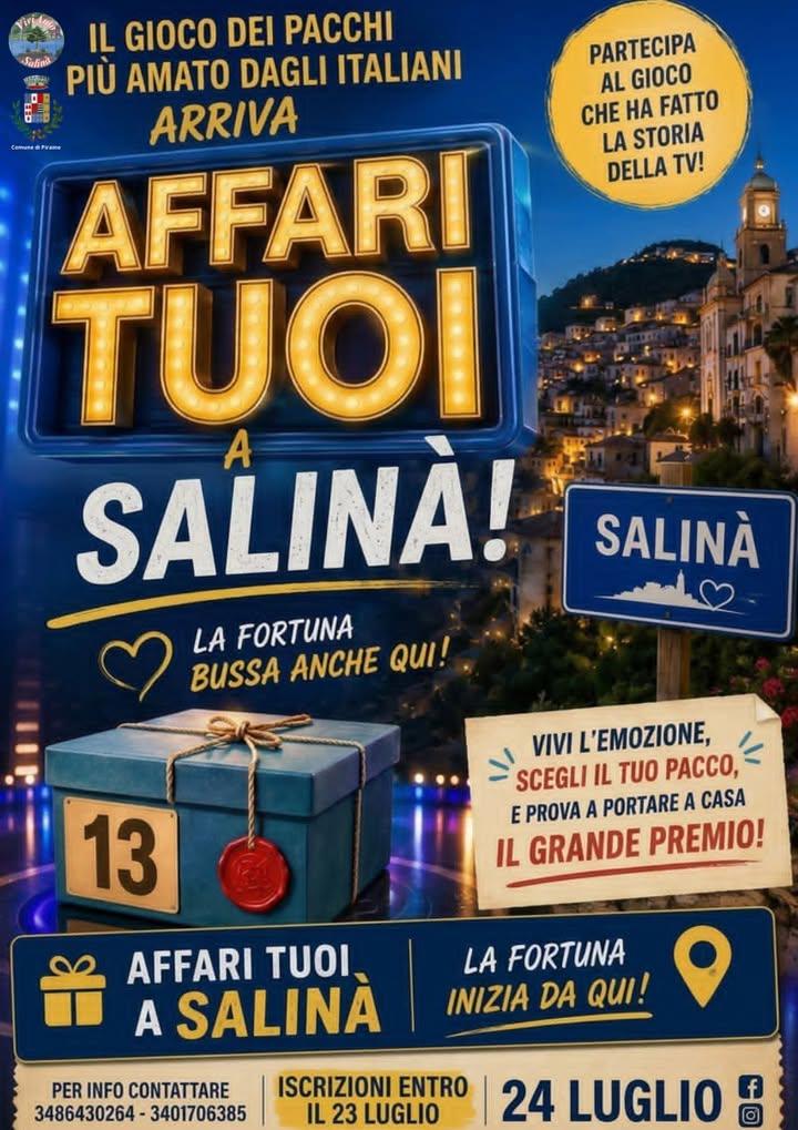 📦 “Affari Tuoi” arriva a Salinà! 👉🏻Una serata all’insegna del divertimento, dell’allegria e del coinvolgimento con il...