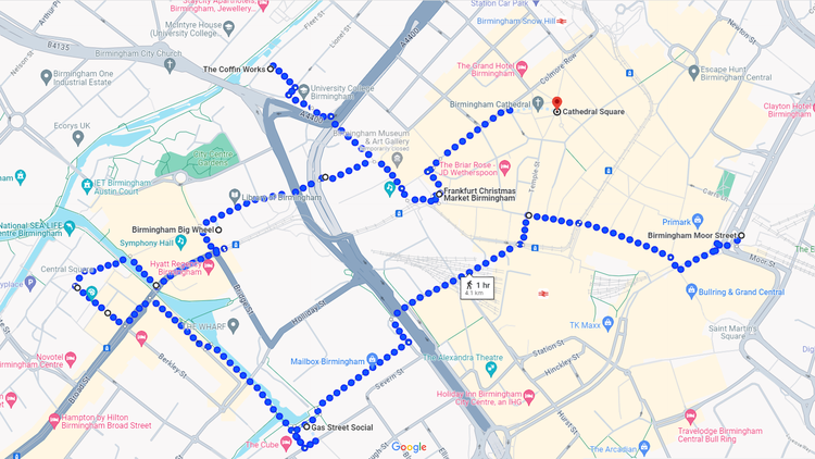 Route overview of the Part 13 of the 4km Christmas in Birmingham walk