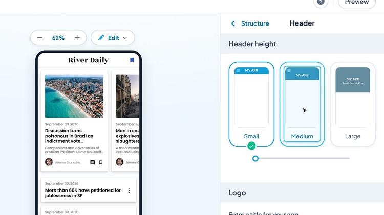 A frame from one of the new tutorials: the demo app's back office, zoomed in on the header height setting, the Medium option circled in blue under the cursor.