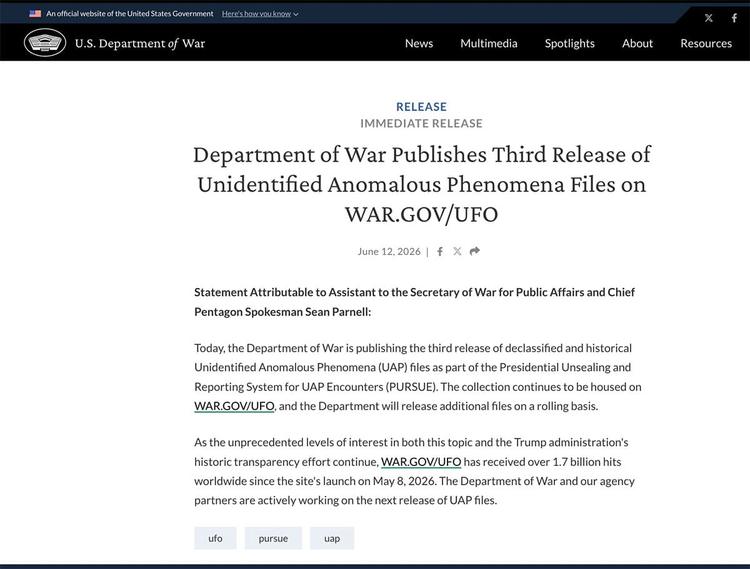 US-Kriegsministerium veröffentlicht 3. Tranche an UFO-Akten