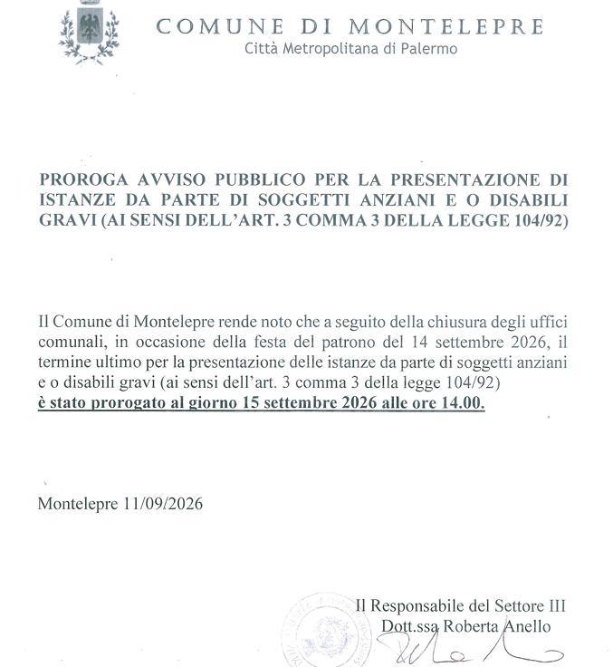 AVVISO Si comunica che il termine di presentazione ultimo per la presentazione di istanze da parte di soggetti anziani e...