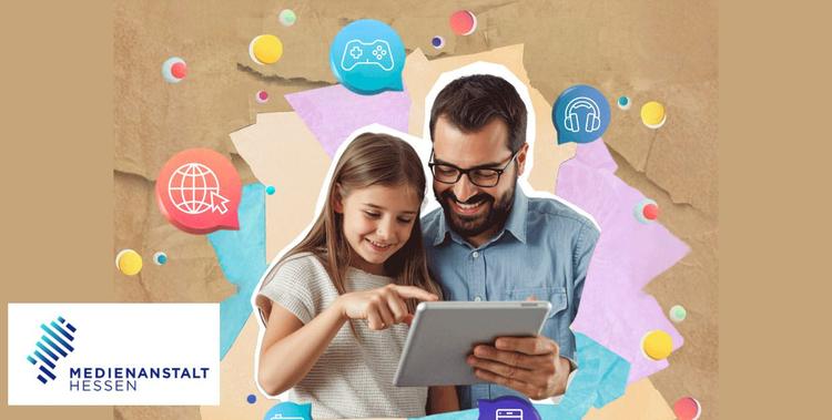  Mann der einem Mädchen etwas am Tablet zeigt