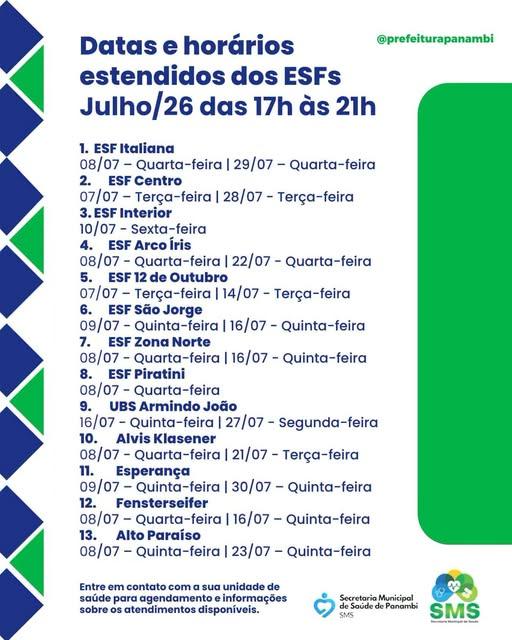 ESFs terão horário estendido de atendimento em Panambi