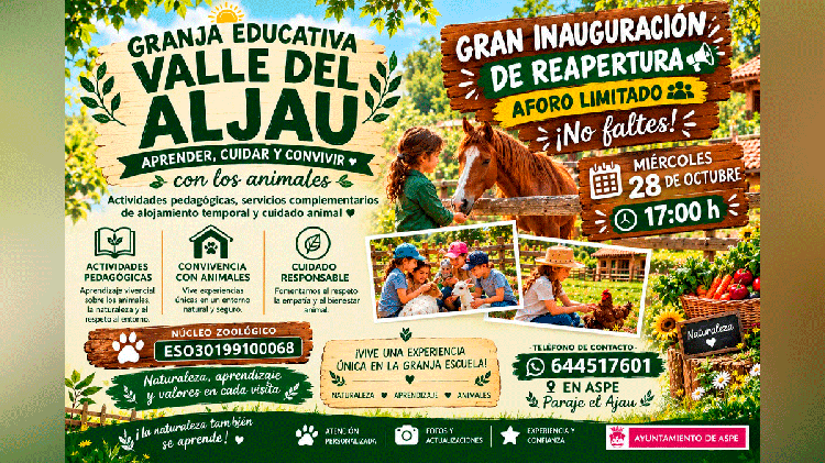 Aspe inaugura el 28 de octubre la Granja Educativa Vall al-Jau con entrada gratuita