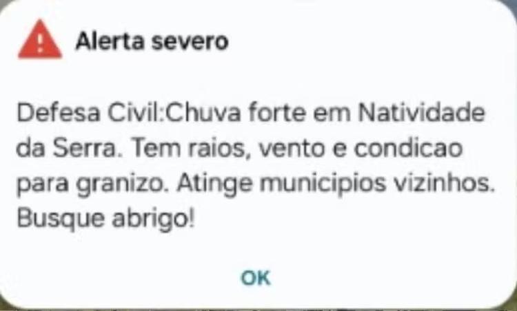 Defesa Civil emite 'alerta severo' para risco de chuva forte com raios em Natividade da Serra