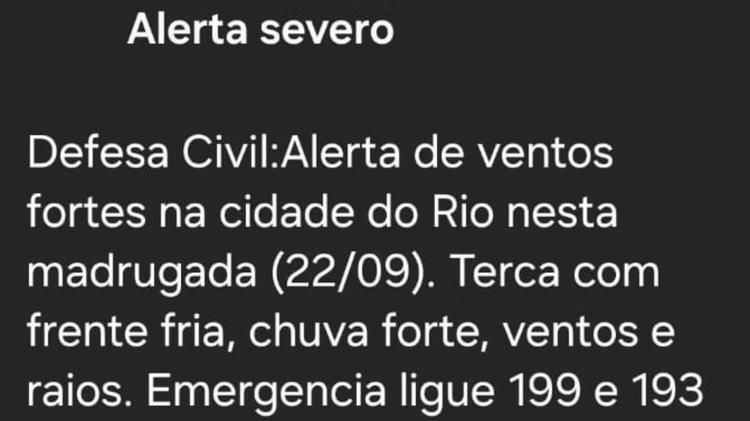 Defesa Civil envia 'alerta severo' de ventos fortes para a madrugada desta terça no Rio
