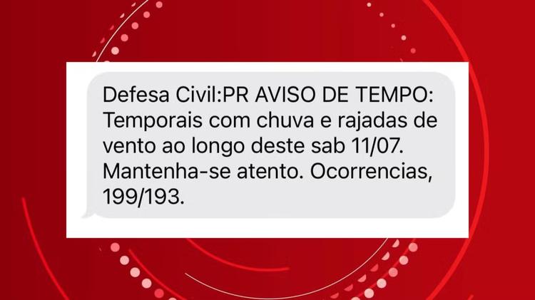 Mensagem da Defesa Civil avisa sobre temporal com rajadas de vento no Paraná; veja previsão