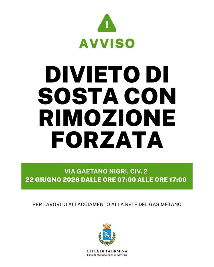 🚧 Divieto di sosta con rimozione forzata in Via Gaetano Nigri Per consentire l’esecuzione dei lavori di scavo finalizza...