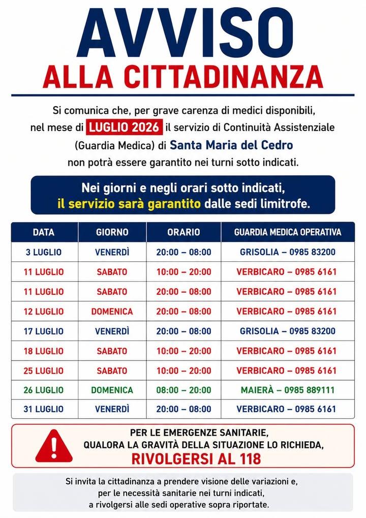 ++ AVVISO ALLA CITTADINANZA - GUARDIA MEDICA ++ L'Amministrazione Comunale informa la cittadinanza che l'Azienda Sanitar...