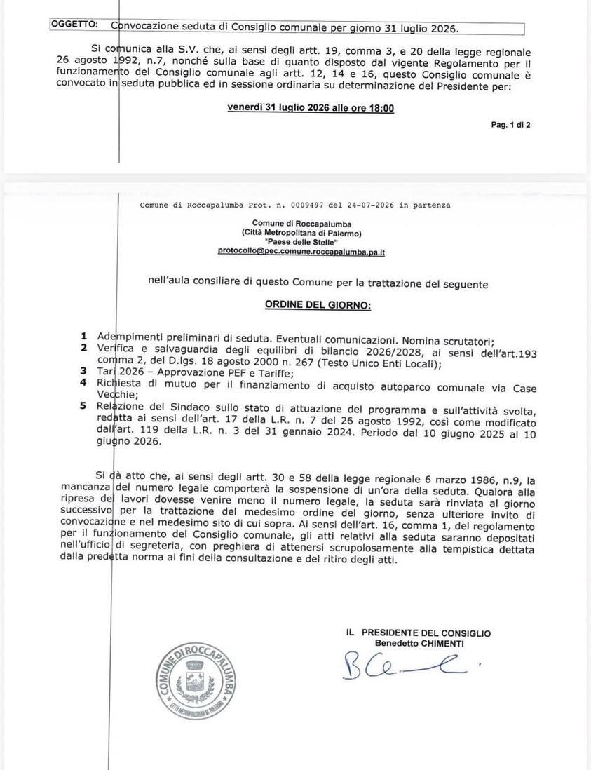Convocazione Consiglio Comunale
