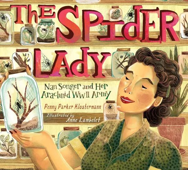 Book cover - female scientist holding a spider in a jar.