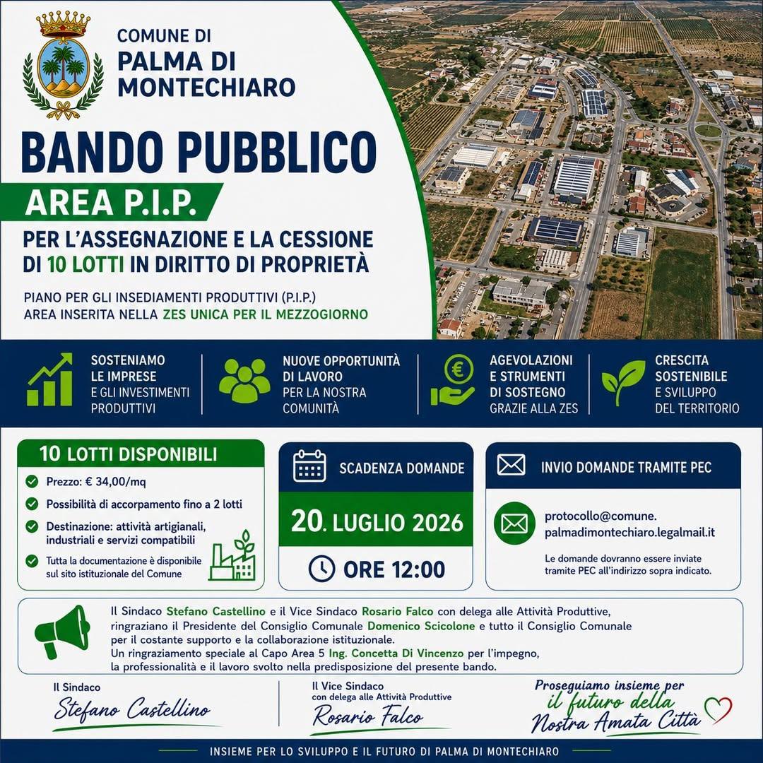 Pubblicato Bando pubblico per l'assegnazione e la cessione di lotti in AREA P.I.P. Il Sindaco Stefano Castellino  ed il...