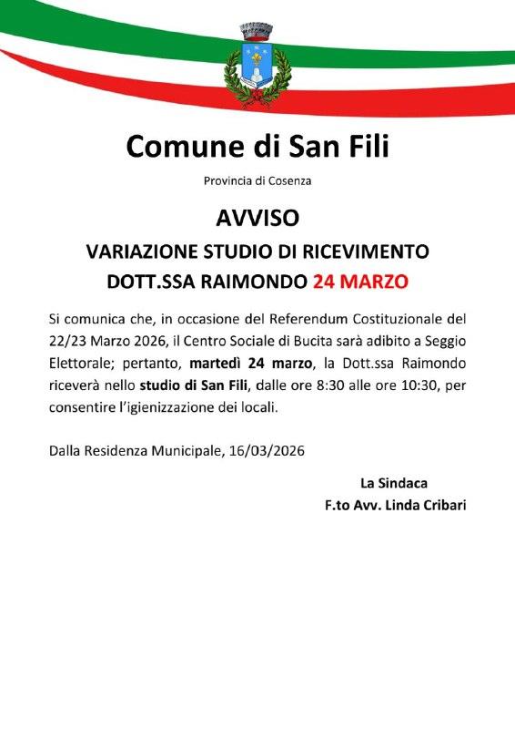 𝐀𝐯𝐯𝐢𝐬𝐨 - 𝐕𝐚𝐫𝐢𝐚𝐳𝐢𝐨𝐧𝐞 𝐬𝐭𝐮𝐝𝐢𝐨 𝐫𝐢𝐜𝐞𝐯𝐢𝐦𝐞𝐧𝐭𝐨 𝐃𝐨𝐭𝐭.𝐬𝐬𝐚 𝐑𝐚𝐢𝐦𝐨𝐧𝐝𝐨 📍 martedi 24 m...