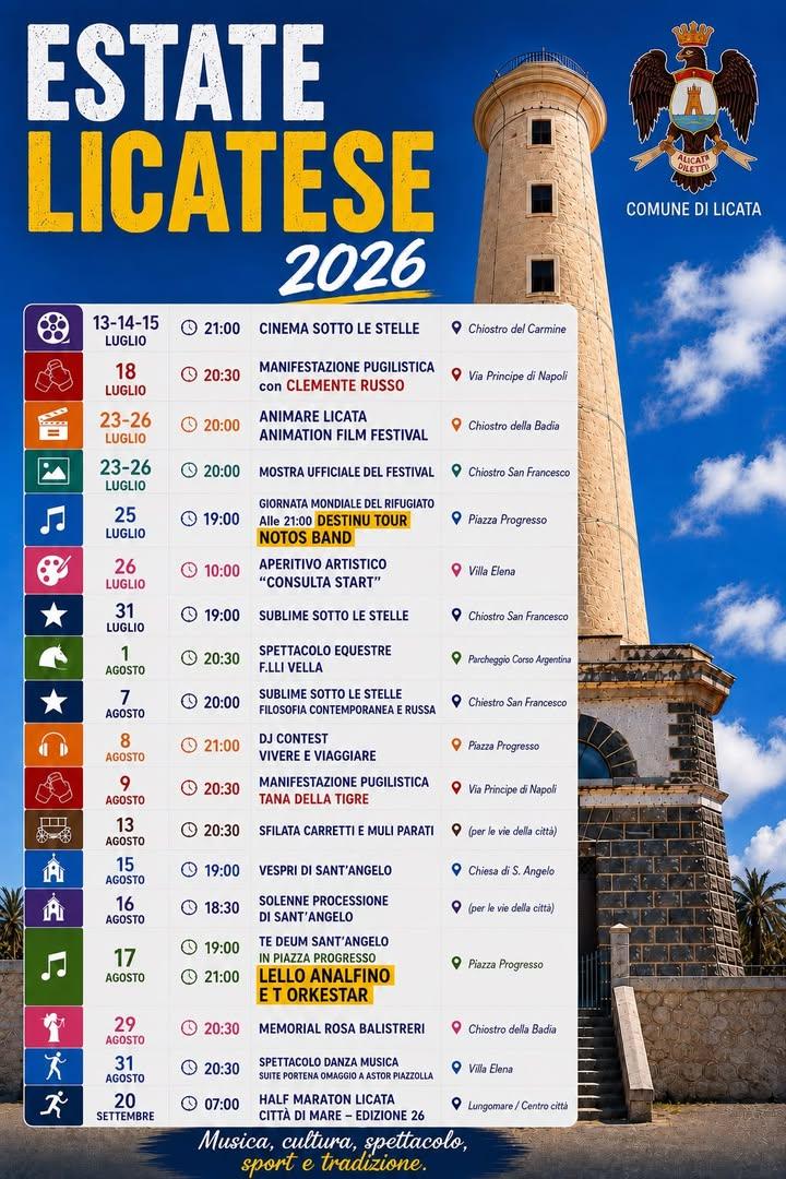 🎭🎶☀️ ESTATE LICATESE 2026 L'Amministrazione Comunale è lieta di presentare il programma dell'Estate Licatese 2026, un...