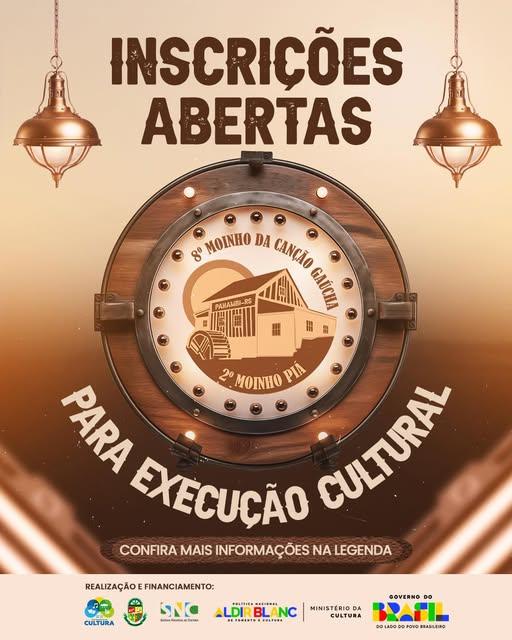 Aberto período de inscrições para seleção de projeto cultural que irá realizar o 8º Moinho da Canção Gaúcha e o 2º Moinho Piá