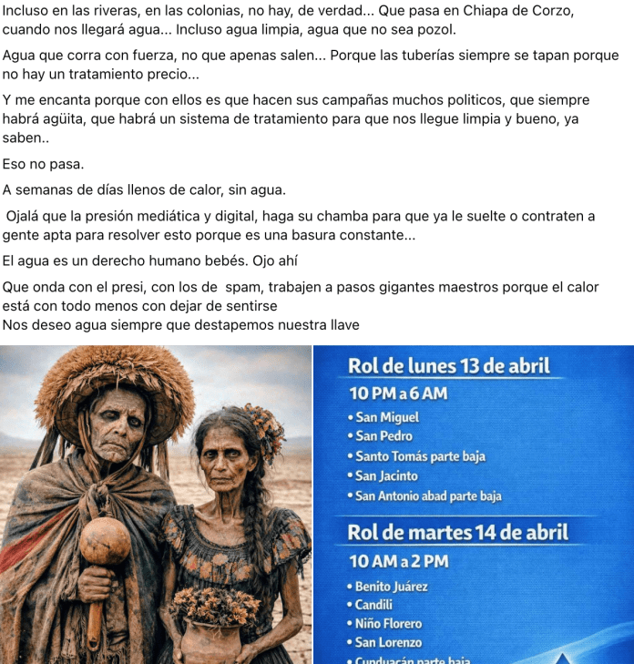 Crisis de agua en Chiapa de Corzo, denuncian semanas sin suministro en temporada de calor