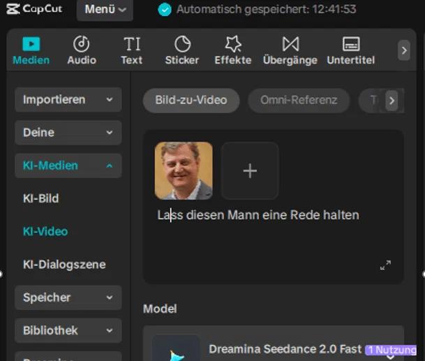 CapCut KI-Video Oberfläche mit Porträt und Texteingabe