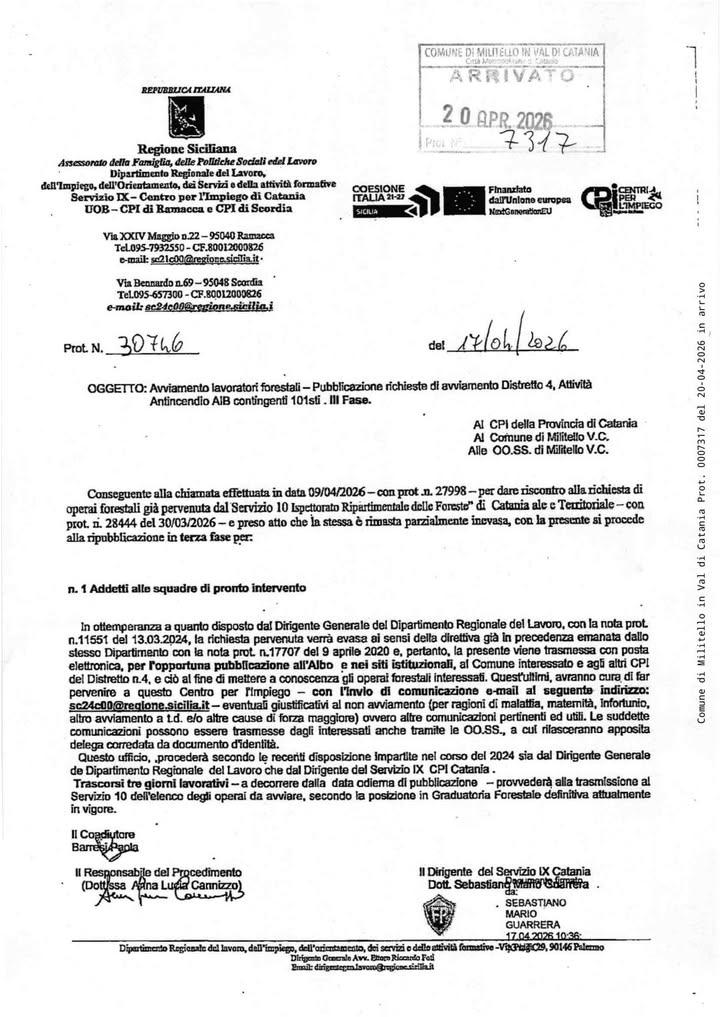 Avviamento Lavoratori Forestali Pubblicazione di richiesta avviamento Distretto 4 -  Attività Antincendio AIB contingent...
