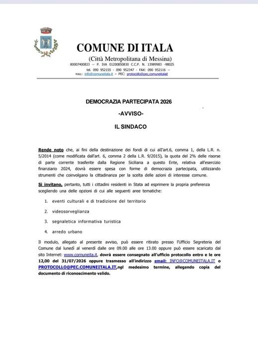 📢 La voce dei cittadini di Itala è importante!  Il Comune di Itala ha avviato la Democrazia Partecipata 2026, un'inizia...
