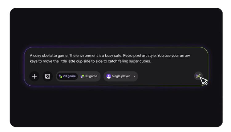 Google Playground’s prompt box describing a pixel-art café game where a latte cup catches falling sugar cubes, with 2D and single-player options selected.