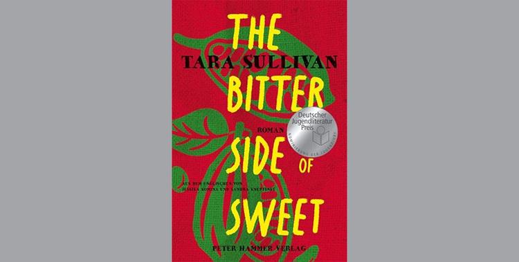  Buchcover gelbe Schrift des Buchtitels: THE BITTER SIDE SWEET - auf rotem Hintergrund mit grünen Blättern