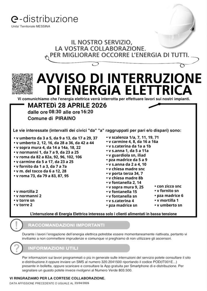 📌 Avviso di interruzione energia elettrica Si informa la cittadinanza che martedì 28 aprile 2026, a Piraino Centro, dal...