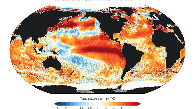 Anomalías en la temperatura de la superficie del mar para el 22 de agosto de 2026.