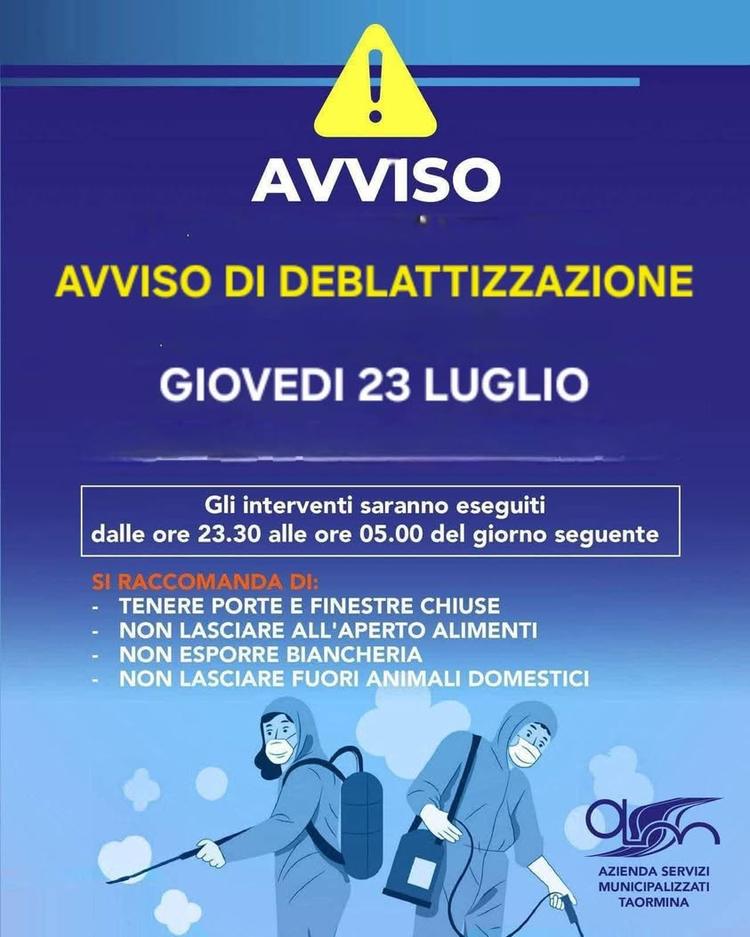 ASM Taormina informa i cittadini che giovedi 23 luglio saranno effettuati, su tutto il territorio comunale, interventi d...