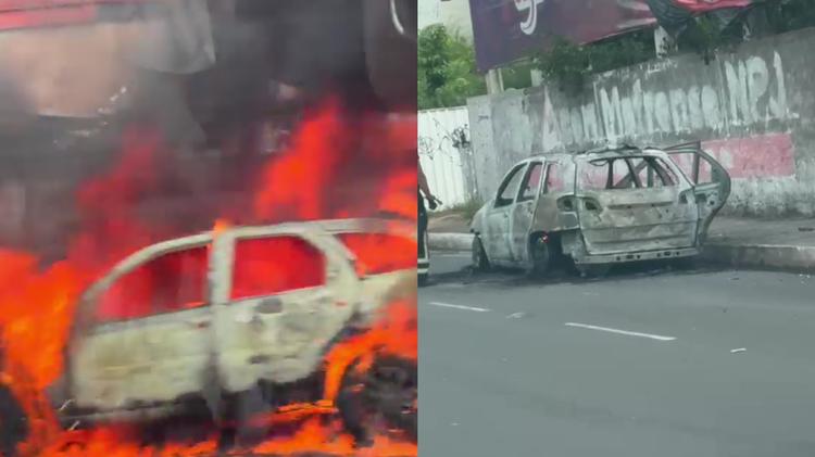 Vídeo: Carro pega fogo e fica destruído em avenida da Zona Leste de Teresina