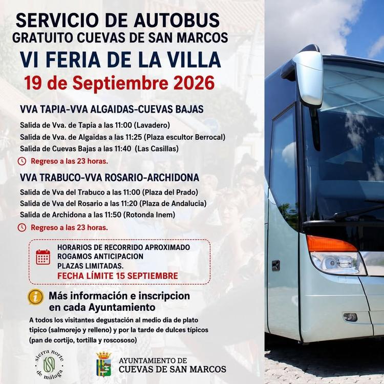 🚌🎉 Con motivo de la VI Feria de la Villa en Cuevas de San Marcos, el próximo 19 de septiembre habrá servicio gratuito...