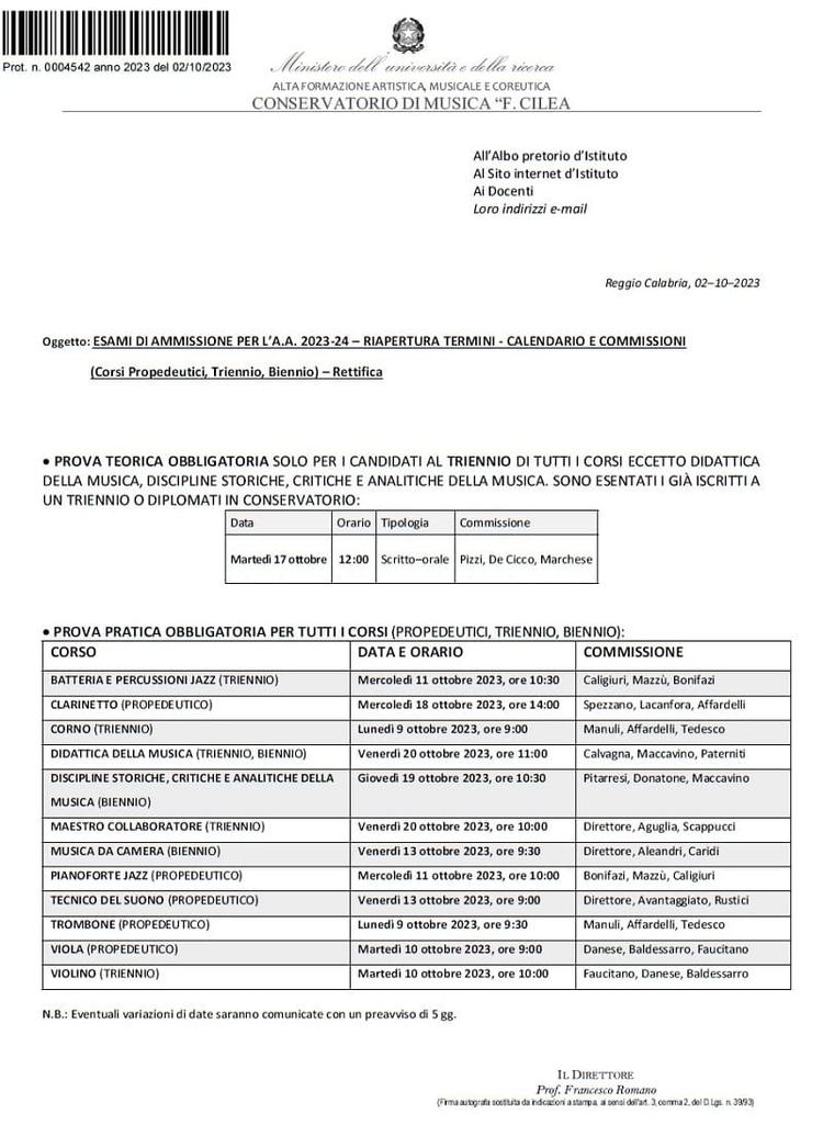 CALENDARIO E COMMISSIONI DEGLI ESAMI DI AMMISSIONE PER L'A.A. 2023-24 - RIAPERTURA TERMINI