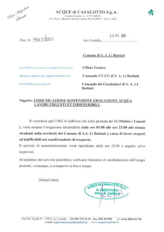 Comunicazione sospensione erogazione acqua per lavori urgenti e indifferibili per lunedì 13 ottobre dalle ore 3.00 alle...