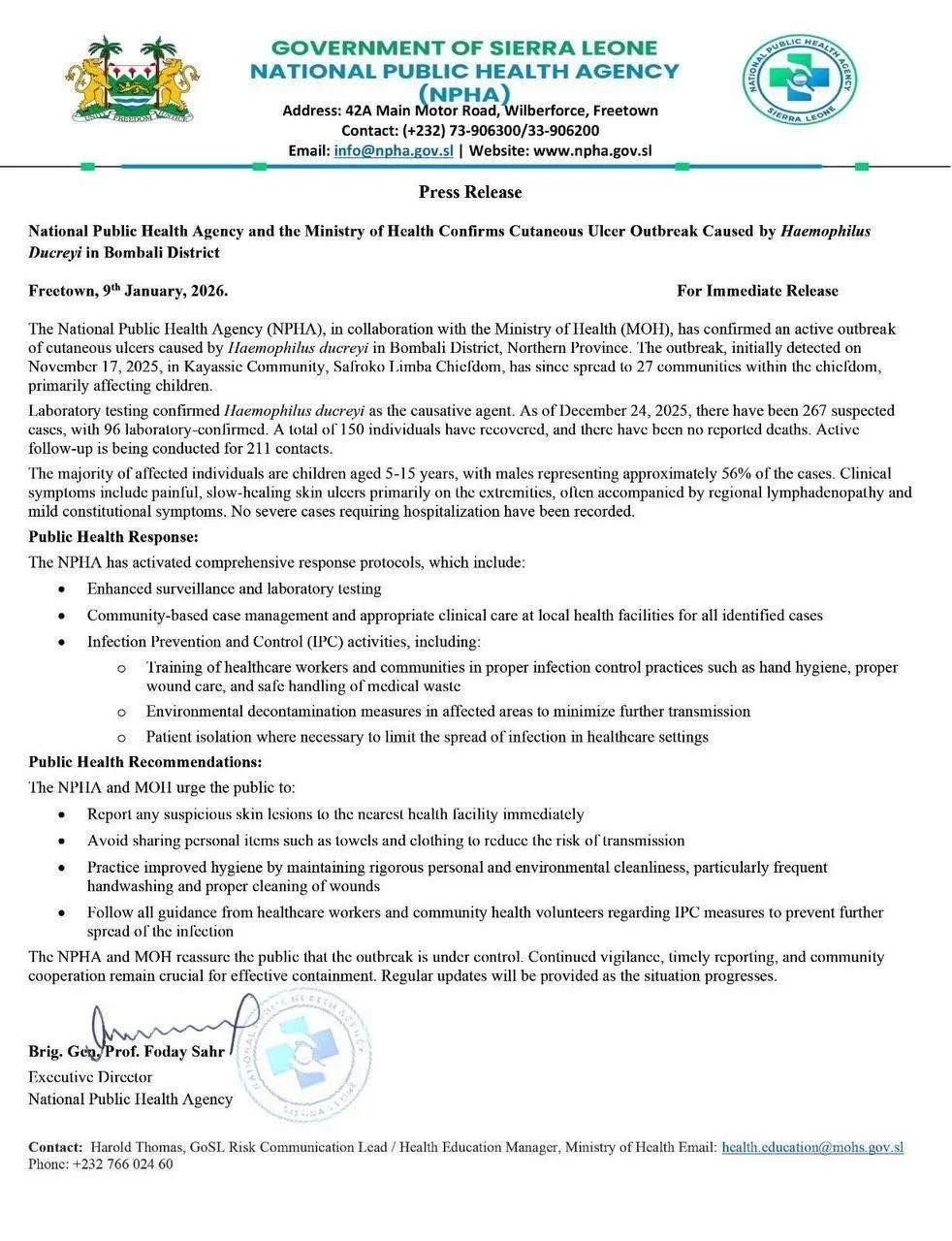 PHA, MINISTRY OF HEALTH CONFIRM ULCER OUTBREAK IN NORTHERN PROVINCE