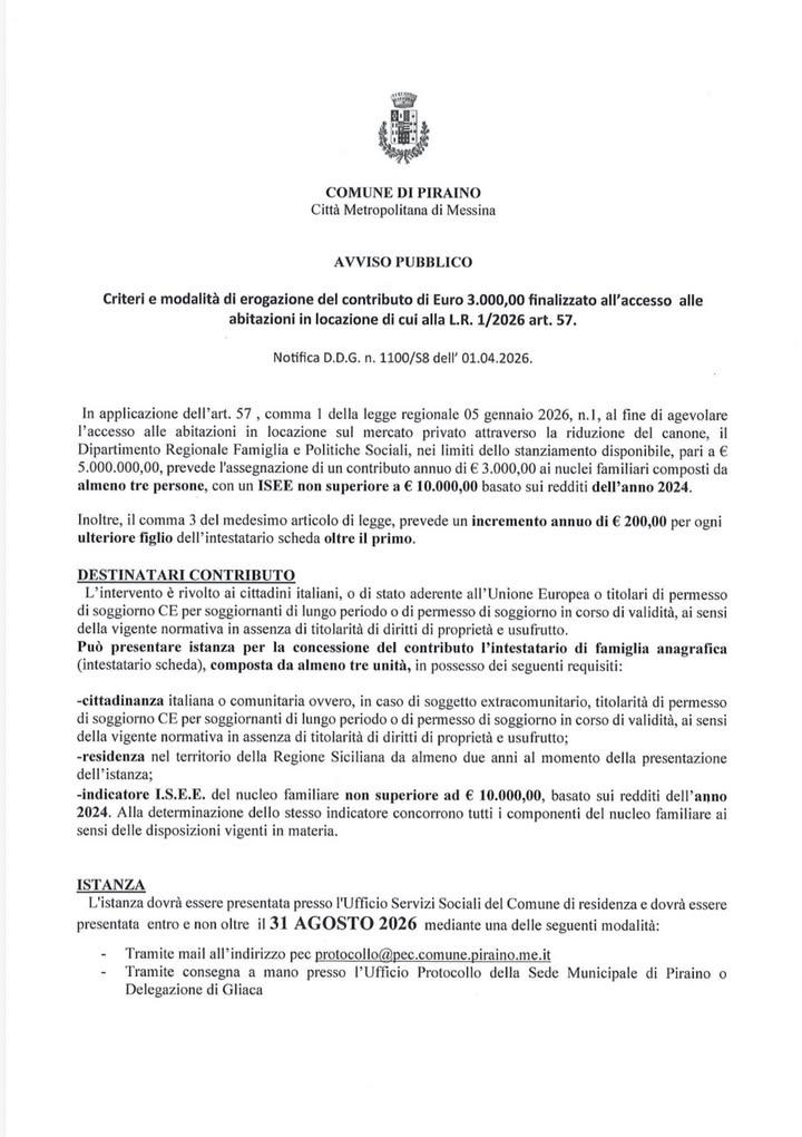 ⚠️ Criteri e modalità di erogazione del contributo di Euro 3.000,00 finalizzato all'accesso alle abitazioni in locazione...